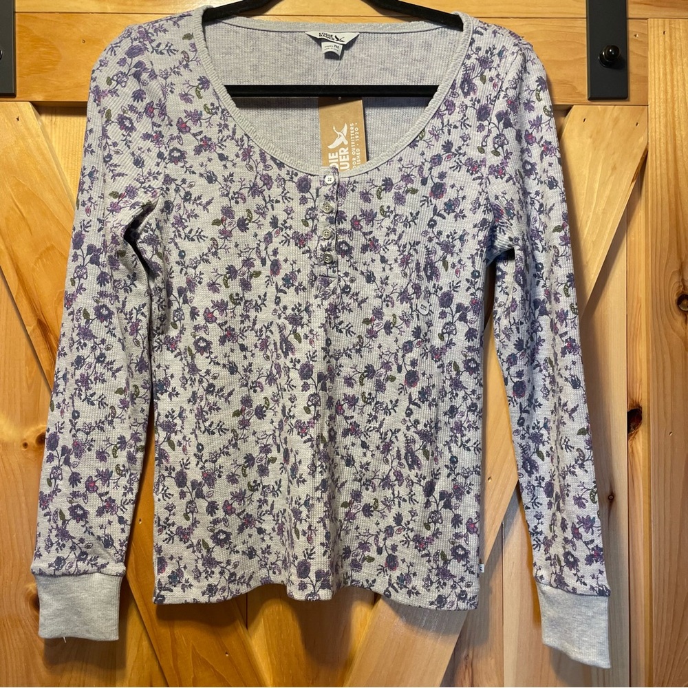 Floral Waffle Knit Scoop Neck Long Sleeve Top - Purple on Light Gray